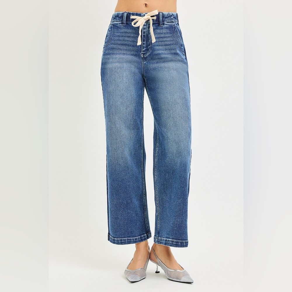 RISEN Elastic Band High Rise Cropped Wide Jeans